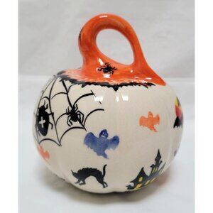 Hand-Painted Halloween Pumpkin Table Decor With Spiders Bats Owls Cats By Kalich